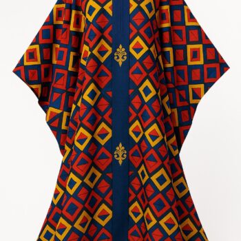 Multicolor African bubu kaftan gown with red, yellow, and blue diamond pattern