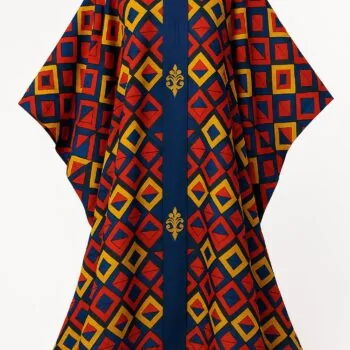Multicolor African bubu kaftan gown with red, yellow, and blue diamond pattern