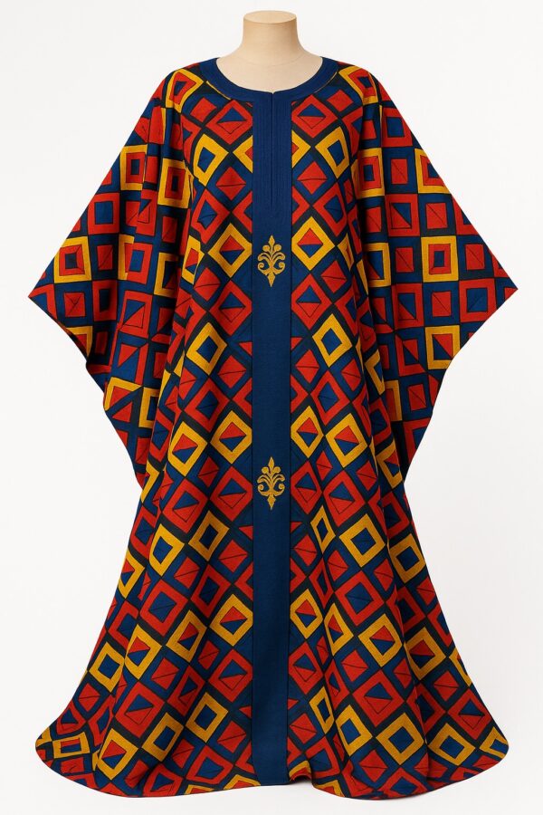 Multicolor African bubu kaftan gown with red, yellow, and blue diamond pattern