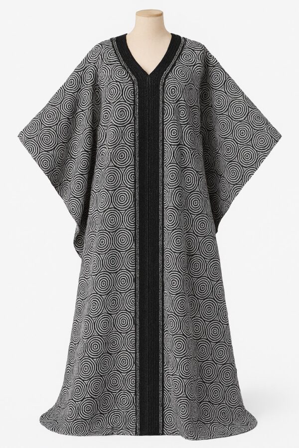 Black and white African bubu kaftan gown with circular swirl pattern