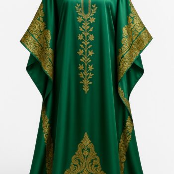 Green satin African bubu kaftan gown with gold floral embroidery