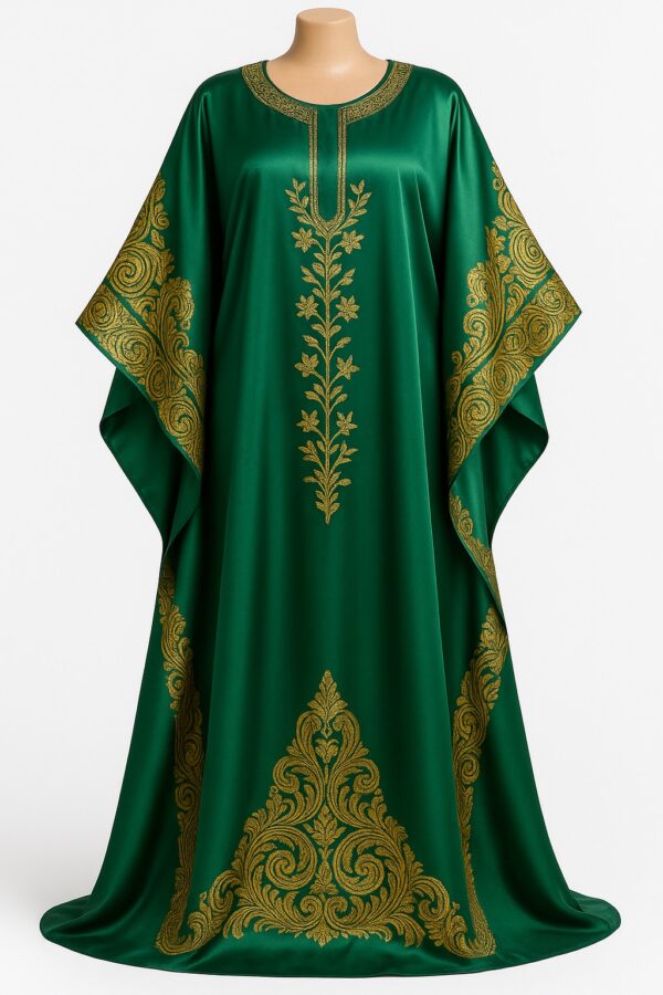 Green satin African bubu kaftan gown with gold floral embroidery