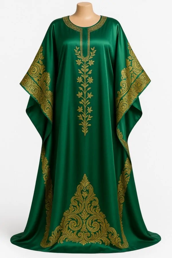 Green satin African bubu kaftan gown with gold floral embroidery