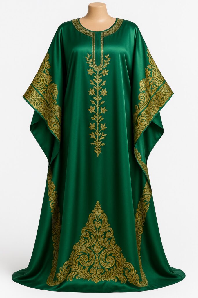 Green satin African bubu kaftan gown with gold floral embroidery - Christmas gift for a girlfriend