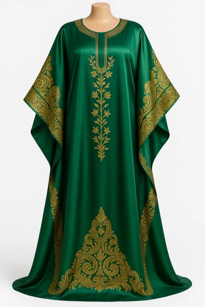 Green satin African bubu kaftan gown with gold floral embroidery - Christmas gift for a girlfriend