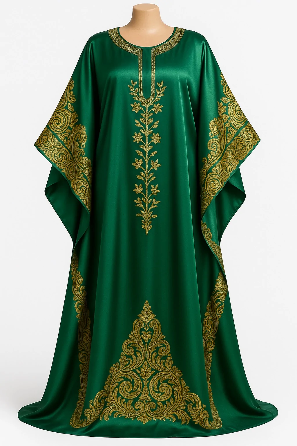 Green satin African bubu kaftan gown with gold floral embroidery