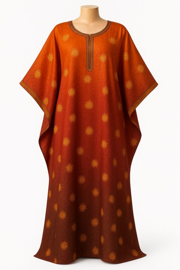 Orange and brown African bubu kaftan gown with small gold star motifs