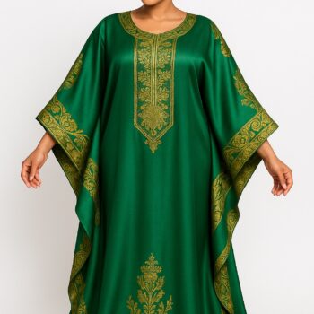 Green satin African bubu kaftan gown with gold embroidery and matching gele headwrap