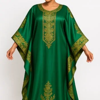 Green satin African bubu kaftan gown with gold embroidery and matching gele headwrap