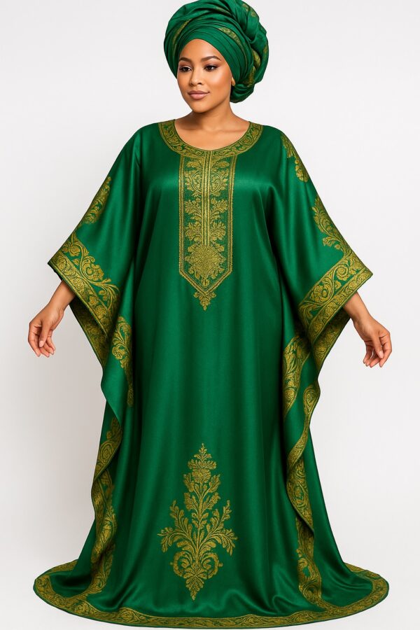 Green satin African bubu kaftan gown with gold embroidery and matching gele headwrap