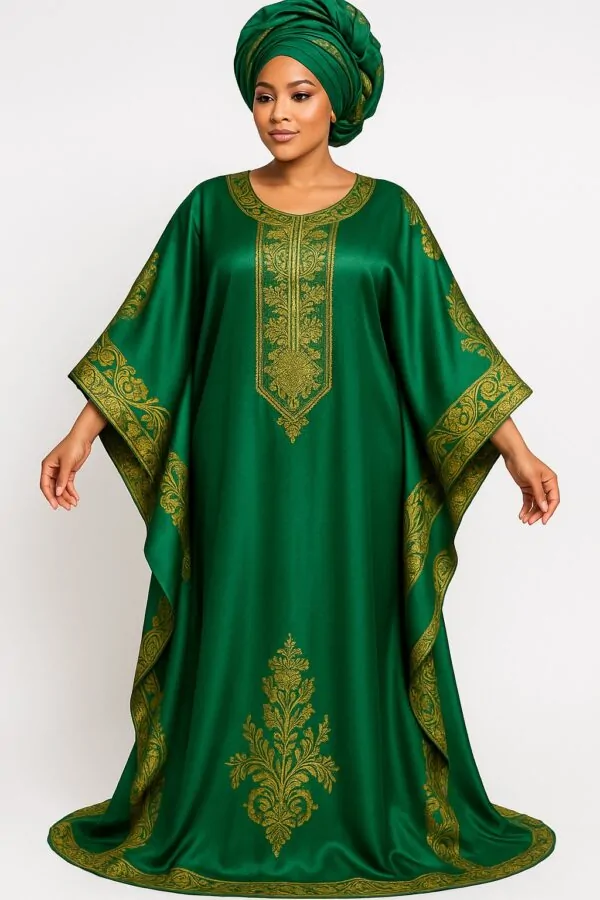 Green satin African bubu kaftan gown with gold embroidery and matching gele headwrap