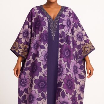 Purple floral African bubu kaftan gown with matching gele headwrap