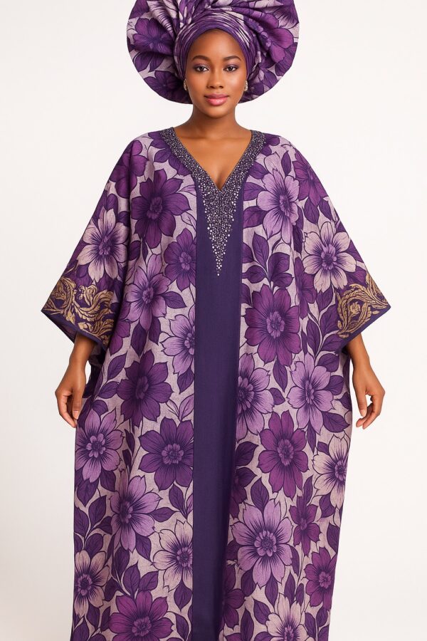 Purple floral African bubu kaftan gown with matching gele headwrap