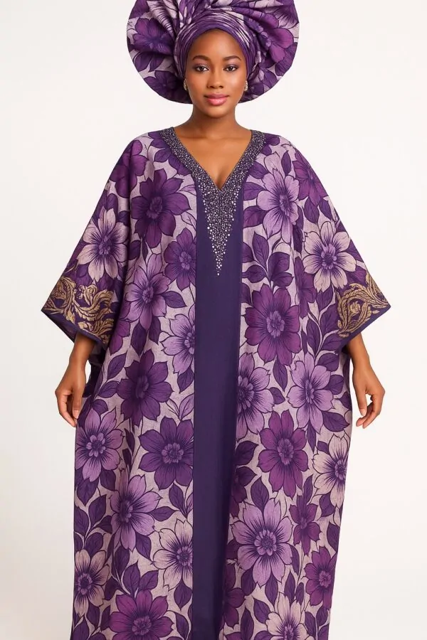 Purple floral African bubu kaftan gown with matching gele headwrap