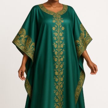 Green satin African bubu kaftan gown with vertical gold floral embroidery and matching gele headwrap
