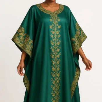 Green satin African bubu kaftan gown with vertical gold floral embroidery and matching gele headwrap