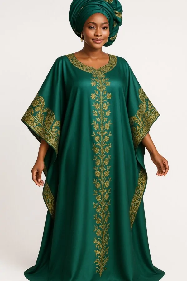 Green satin African bubu kaftan gown with vertical gold floral embroidery and matching gele headwrap