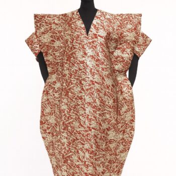Red and gold damask African bubu kaftan gown with matching headwrap