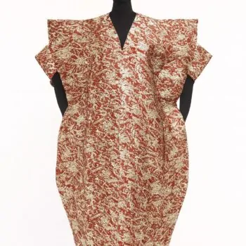 Red and gold damask African bubu kaftan gown with matching headwrap