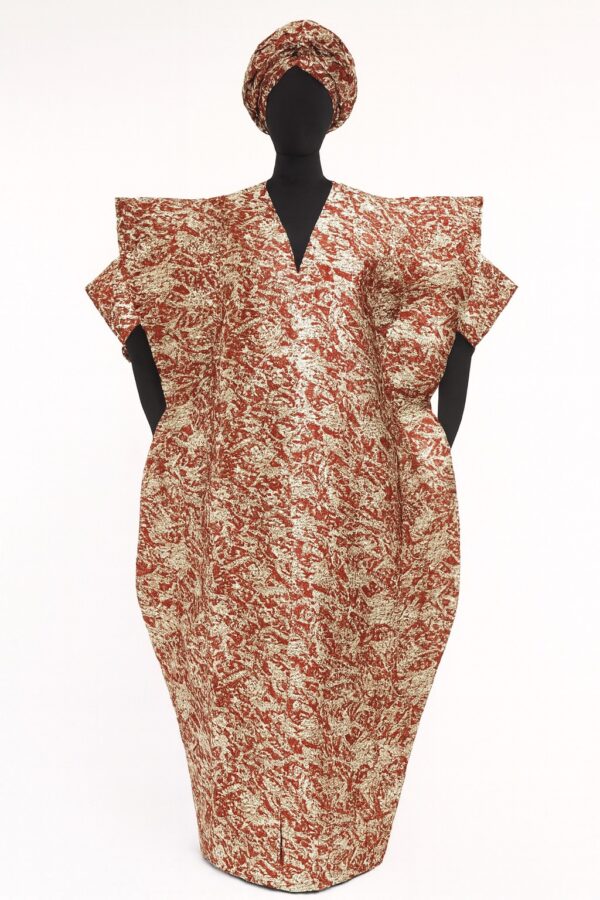 Red and gold damask African bubu kaftan gown with matching headwrap