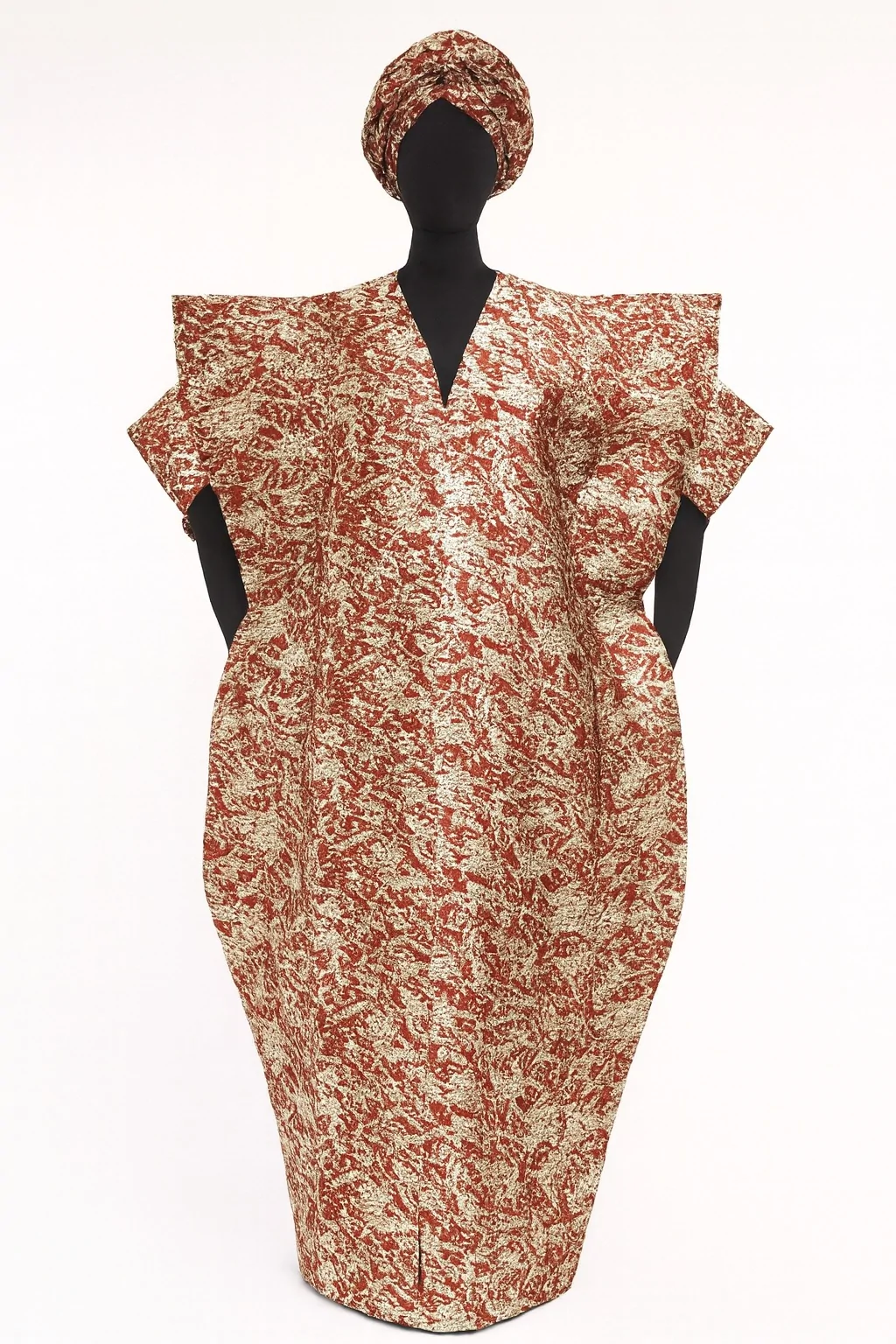 Red and gold damask African bubu kaftan gown with matching headwrap