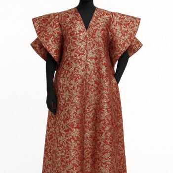 Elegant red and gold damask African bubu kaftan gown with flared sleeves and headwrap