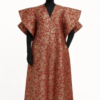 Elegant red and gold damask African bubu kaftan gown with flared sleeves and headwrap