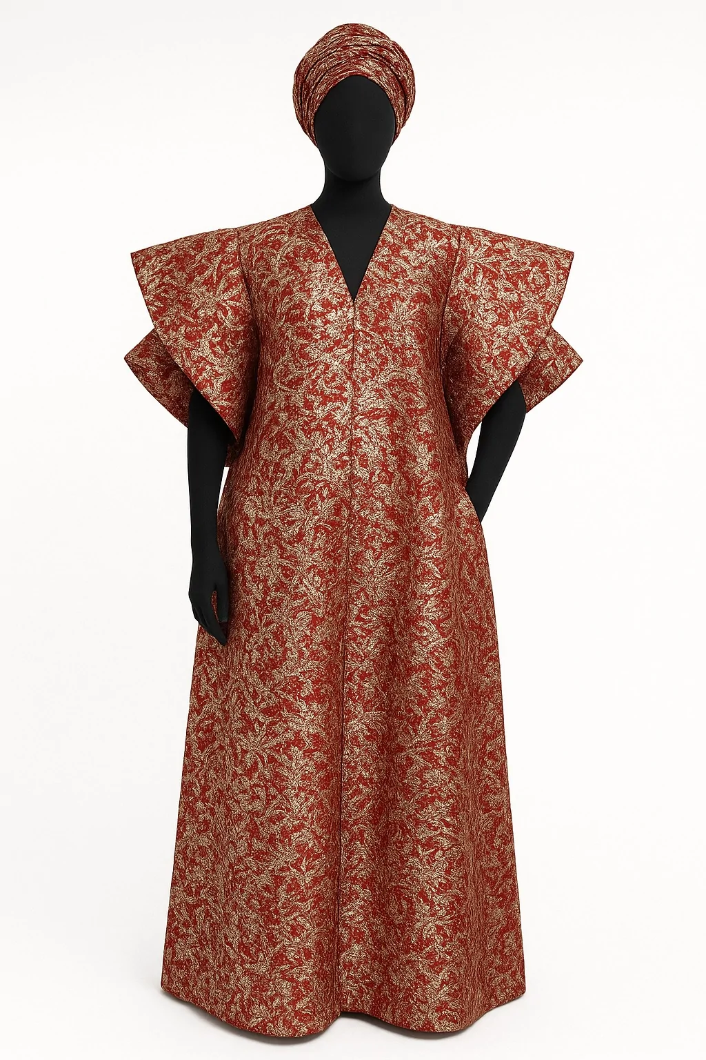 Elegant red and gold damask African bubu kaftan gown with flared sleeves and headwrap