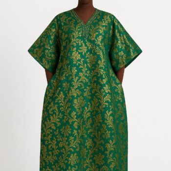 Green and gold damask African bubu kaftan gown with matching headwrap