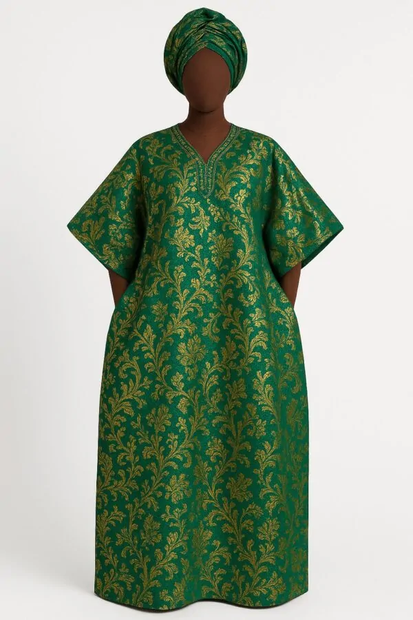 Green and gold damask African bubu kaftan gown with matching headwrap
