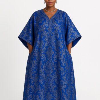 Royal blue and silver damask African bubu kaftan gown with matching headwrap