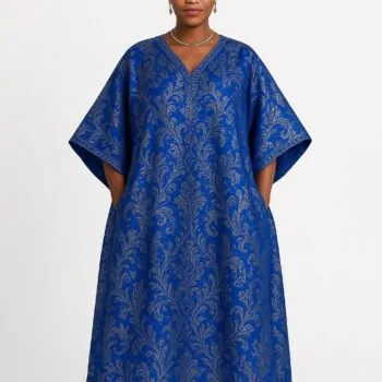 Royal blue and silver damask African bubu kaftan gown with matching headwrap
