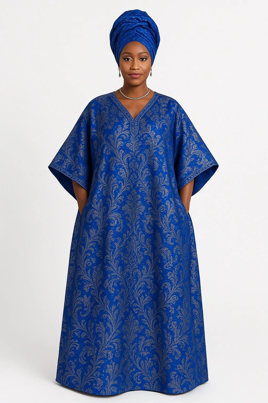 Royal blue and silver damask African bubu kaftan gown with matching headwrap