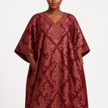Wine red and gold damask African bubu kaftan gown with matching headwrap