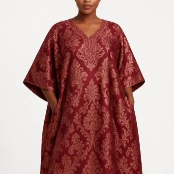 Wine red and gold damask African bubu kaftan gown with matching headwrap