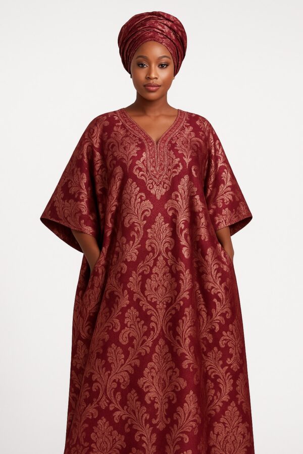 Wine red and gold damask African bubu kaftan gown with matching headwrap