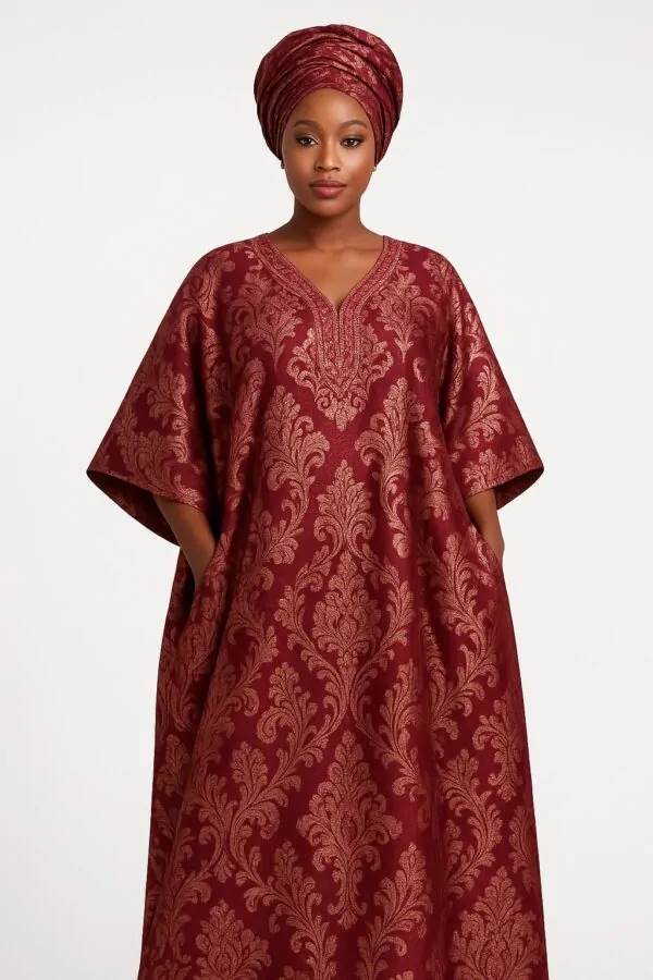 Wine red and gold damask African bubu kaftan gown with matching headwrap