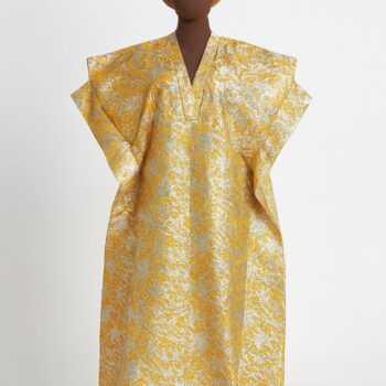 Gold and silver damask African bubu kaftan gown with matching headwrap