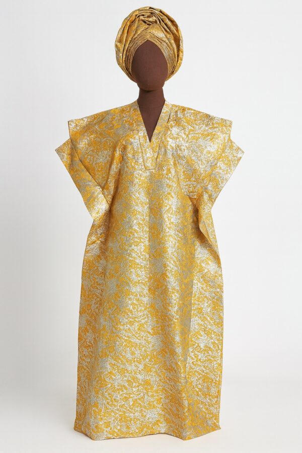 Gold and silver damask African bubu kaftan gown with matching headwrap