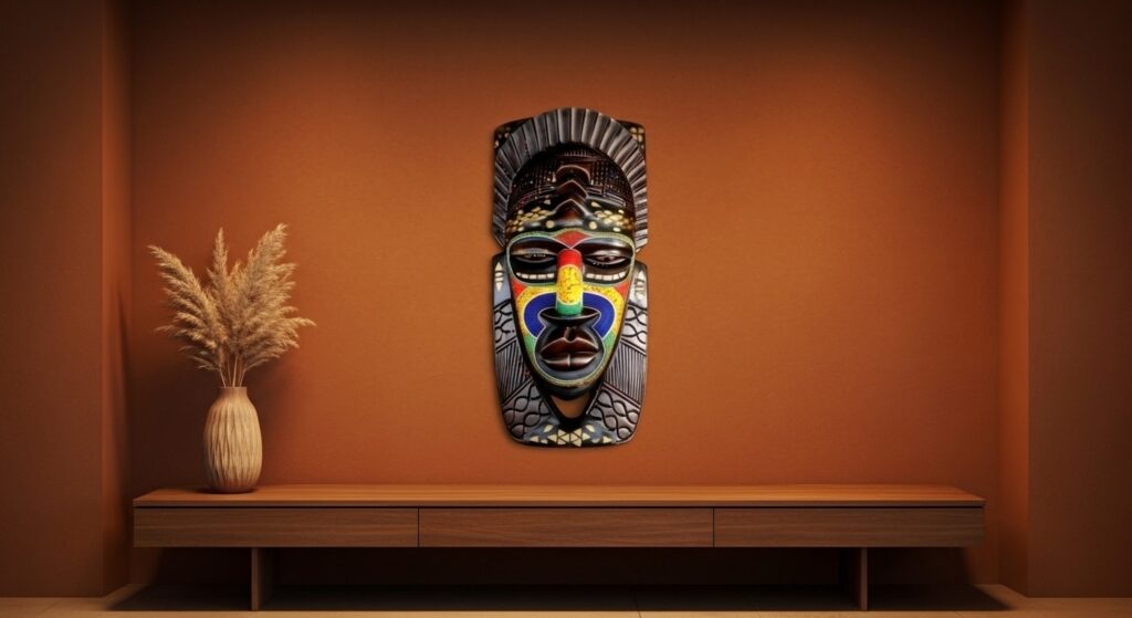 A large wooden mask with vibrant, colorful beadwork, serving as captivating African wall decor for living room wall, mounted above a console on a terracotta wall.