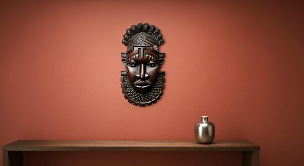 A polished Benin-style mask with a regal headdress, a classic piece of African wall decor for living room wall, displayed over a wooden shelf on a terracotta wall.