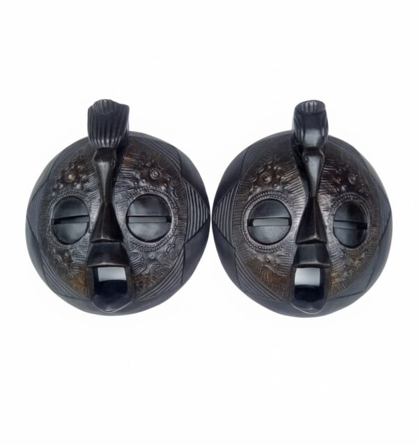 Hand-Carved African Baoulé-Inspired Round Wood Masks (Pair) for Wall Decor