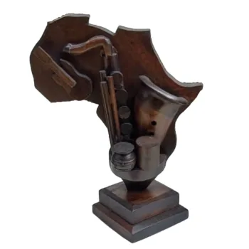 Hand-Carved Wooden Map of Africa Music Sculpture Saxophone Guitar