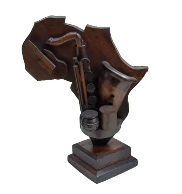 Hand-Carved Wooden Map of Africa Music Sculpture Saxophone Guitar