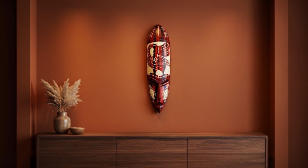 An elongated oval mask with a bird design, a beautiful piece of African wall decor for living room wall, hung over a wooden console on a warm terracotta wall.