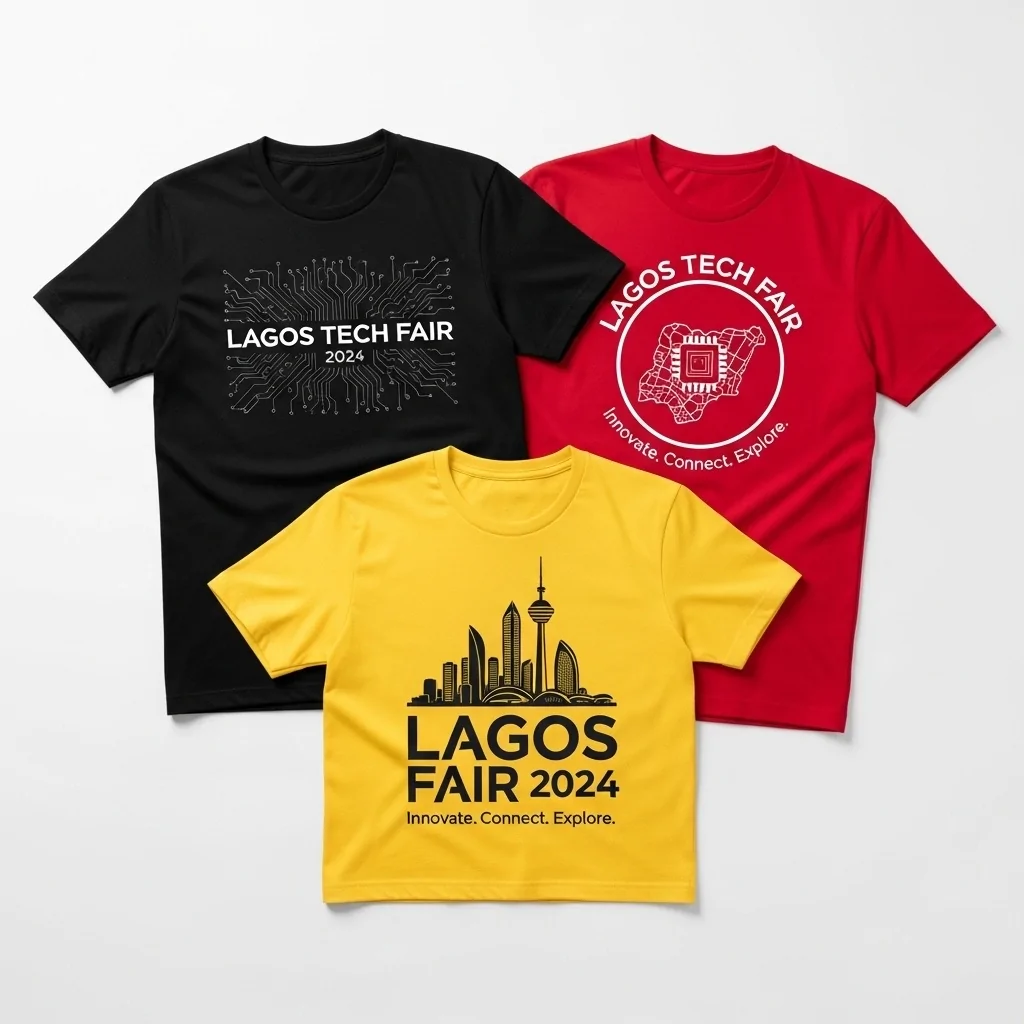 Three colorful branded/custom t-shirts.