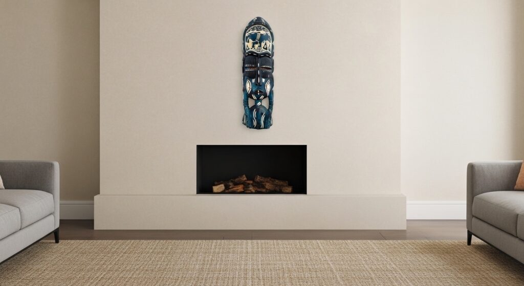 A tall, vertical wooden sculpture mask hangs above a minimalist fireplace, a stunning statement of African wall decor for living room wall in a contemporary space.
