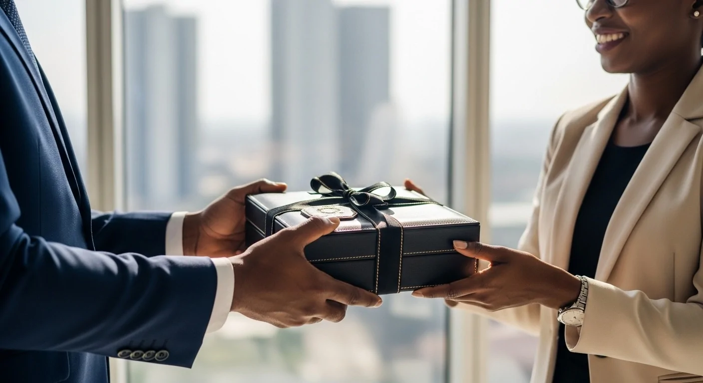 Two Nigerian corporate individuals exchanging gifts