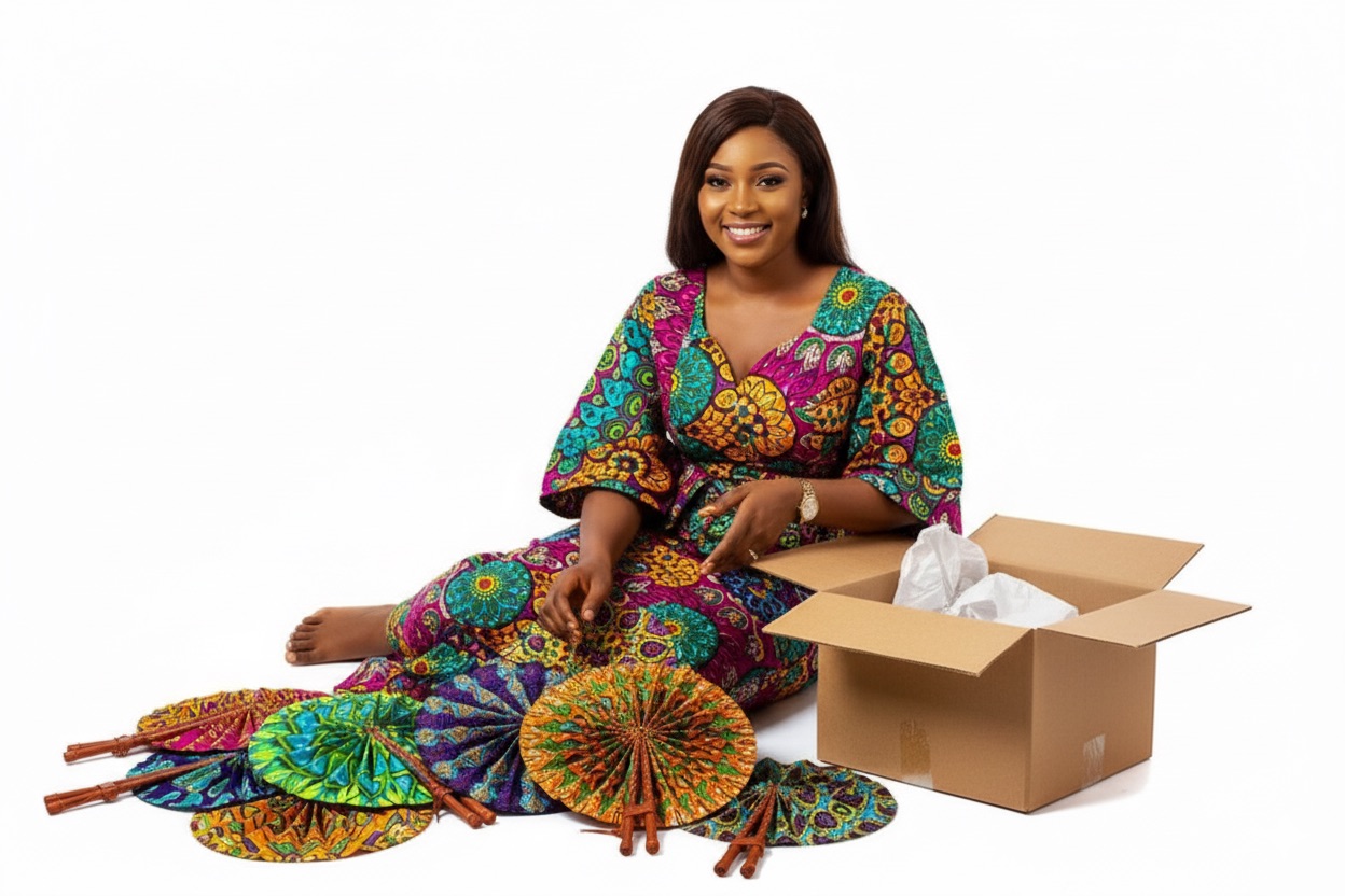 A lady with a collection of African foldable hand fans, ready for wholesale shipment.