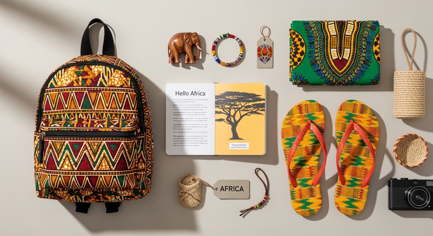 Collection of African gift items/souvenirs including an Ankara backpack, a Kente flip flop, a Dashiki shirt, African fridge magnets etc